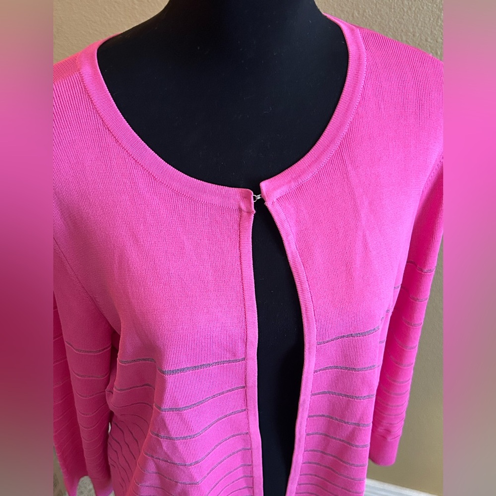Peter Nygard Hot Pink Open-Front Cardigan with Sheer Silver Stripes - Picture 3 of 6